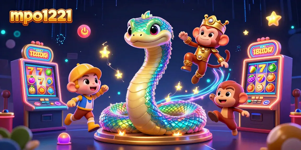 Experience the thrill of mpo1221 with a vibrant casino scene featuring a rainbow serpent and playful gaming elements.
