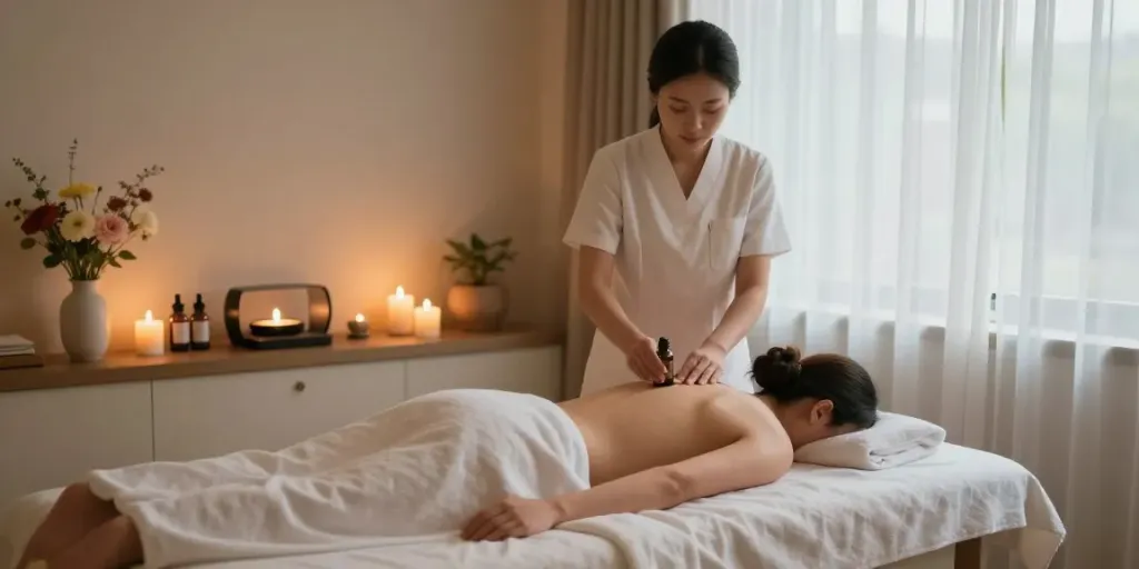 산본출장마사지 session showcasing a peaceful spa environment with soft lighting and essential oils.