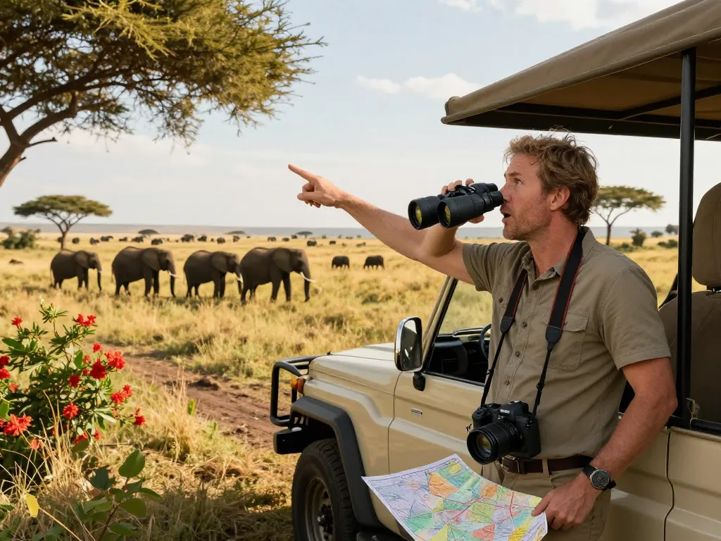 Safari and Kilimanjaro packages showcased through a traveler spotting wildlife in the Serengeti.