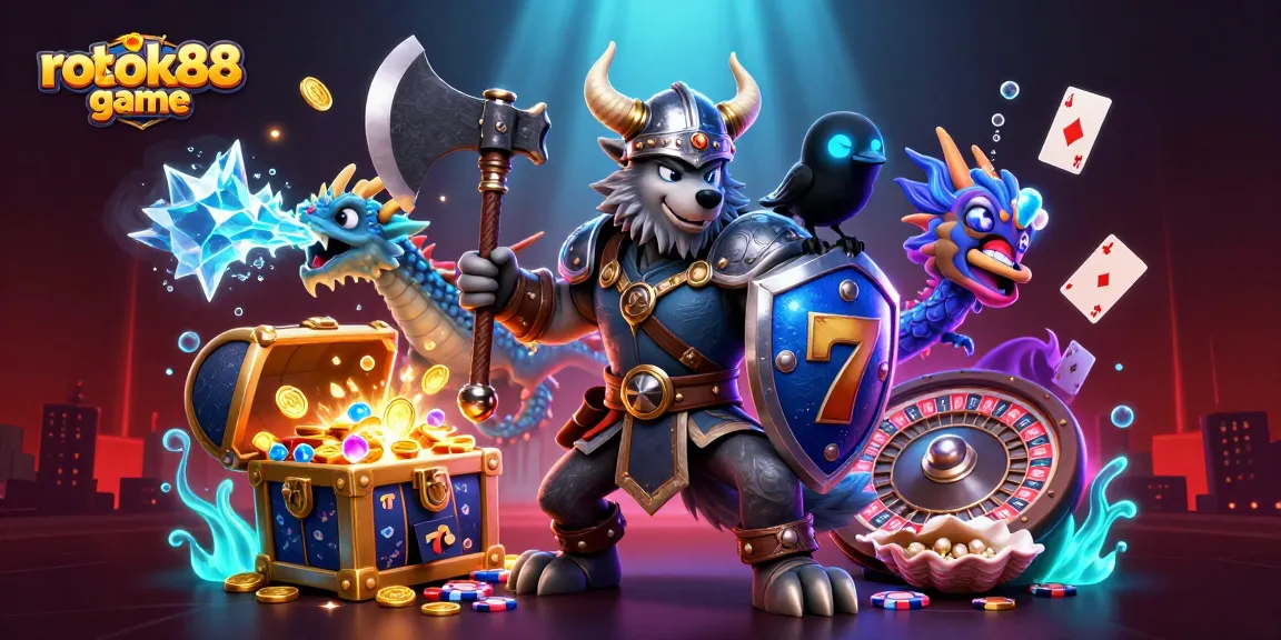 Engage with rokok88 game through a vibrant scene of a Viking wolf warrior, dragon, and treasures.