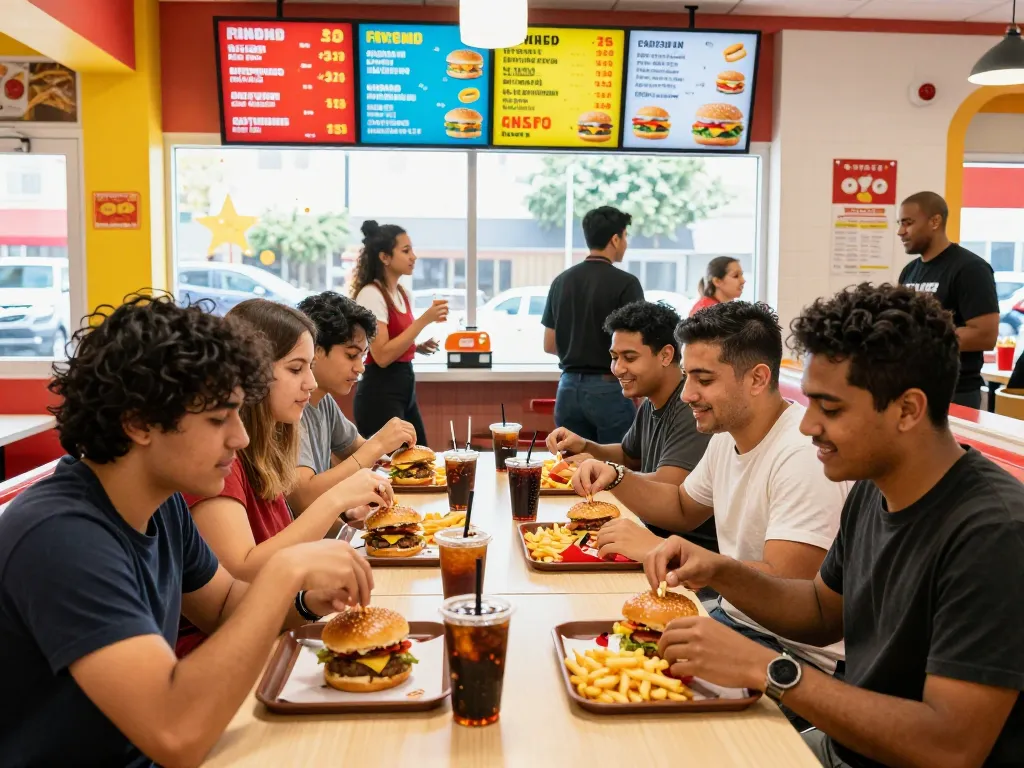 Engaging scene highlighting fast food prices as friends enjoy meals in a vibrant restaurant setting.