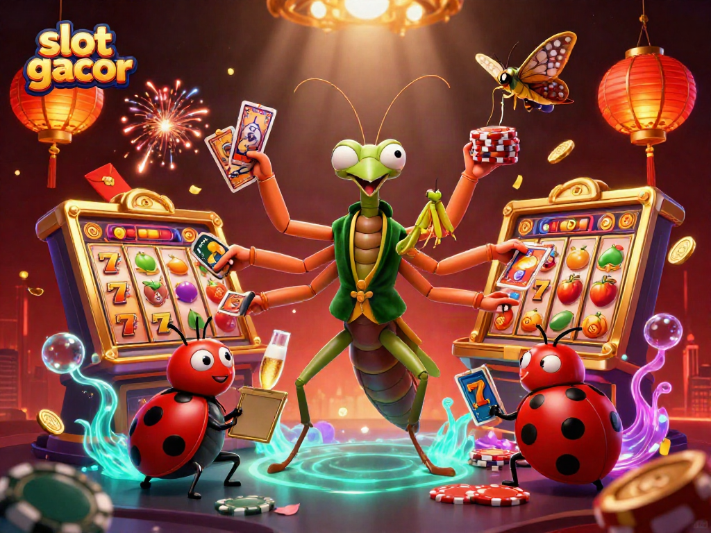 Engage with slot gacor strategies in this vibrant casino scene featuring dynamic gambling elements.