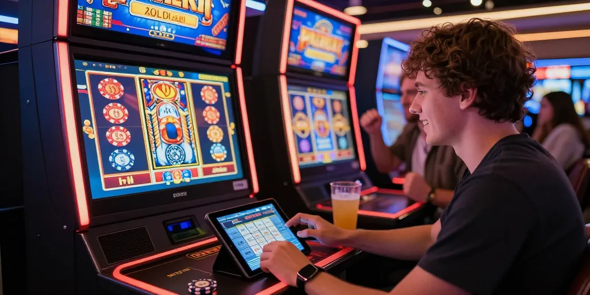 Engaging in a slot deposit dana game on a tablet amidst casino excitement