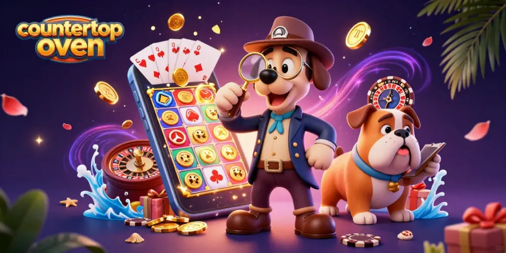 Engage with the thrilling counter top oven gameplay, discovering winning strategies and clues in a vibrant casino scene.