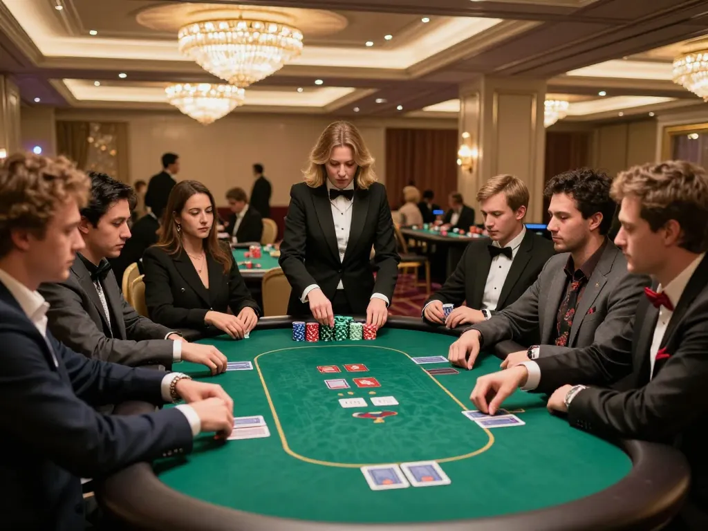 Engaging poker tournament at a luxurious casino featuring rokok88 players and vibrant chips.