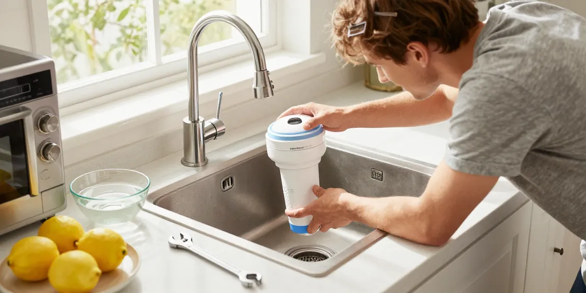 Waterdrop ADQ73613401 Replacement for LG® LT800P® filter being installed in a modern home kitchen