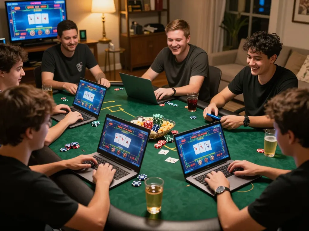 Players enjoying a virtual poker game on 98 win, engaging with chips and cards in a cozy home setting.