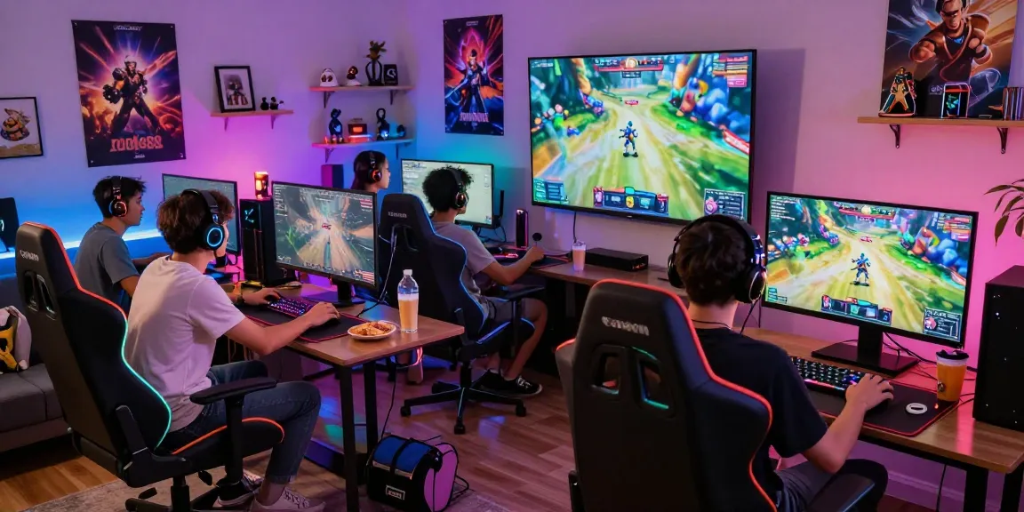 Group enjoying rokok88 multiplayer gaming session in vibrant, cozy setup.