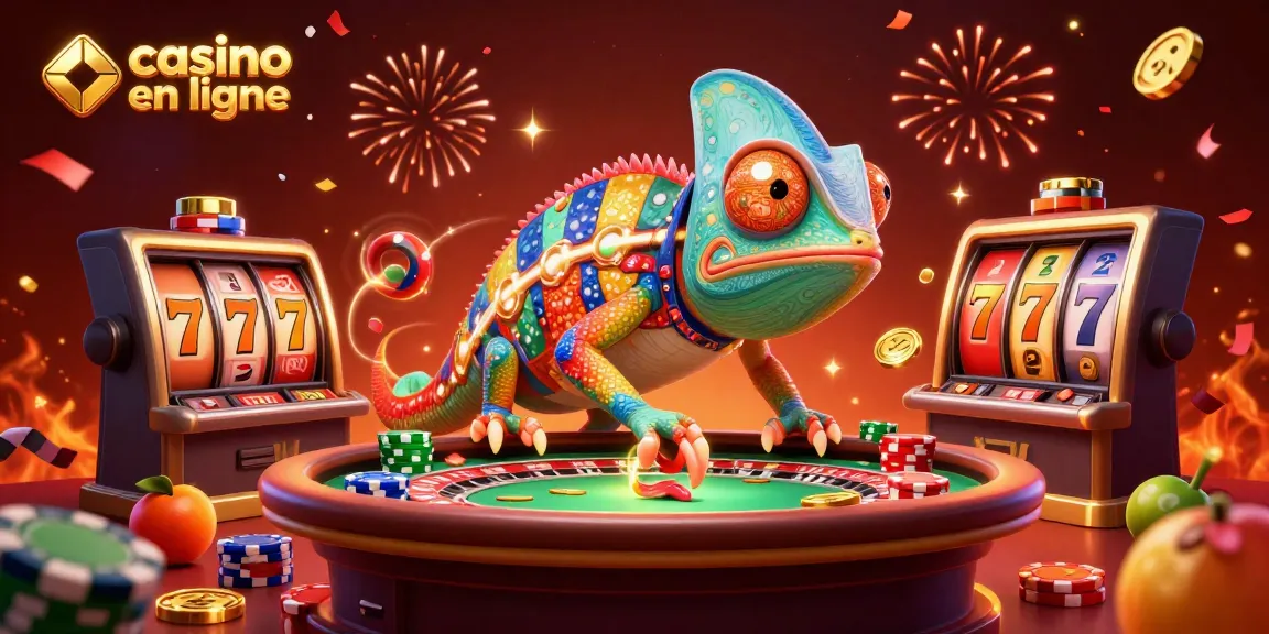 Découvrez le casino en ligne avec des jeux captivants et un caméléon amusant, attrapant des pièces d'or.