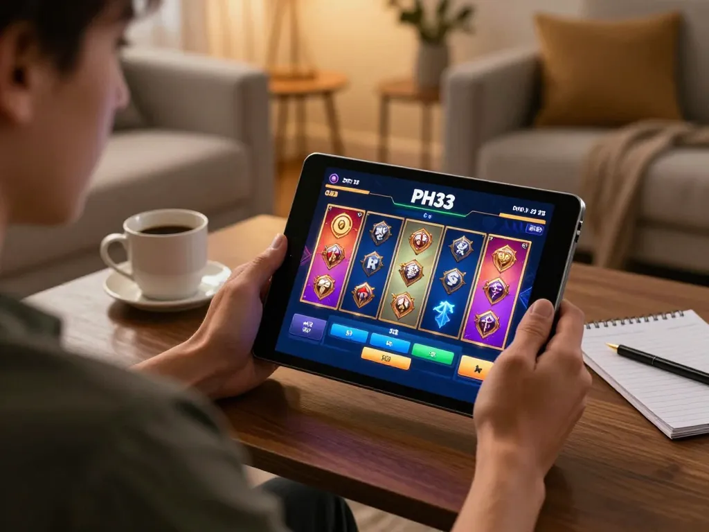 Engaged player navigating vibrant slot games on PH33 tablet in cozy home setting.