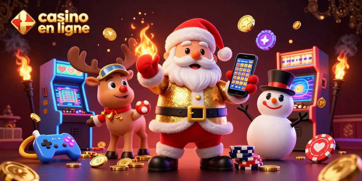 Rejoignez l'excitation du casino en ligne avec ce joyeux Père Noël, son renne et un bonhomme de neige.