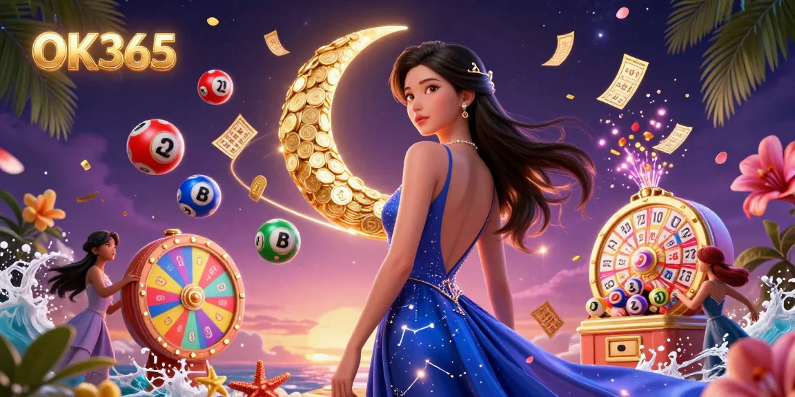 Engage with OK365's vibrant gaming experience featuring a stunning Asian woman amidst dynamic lottery elements.