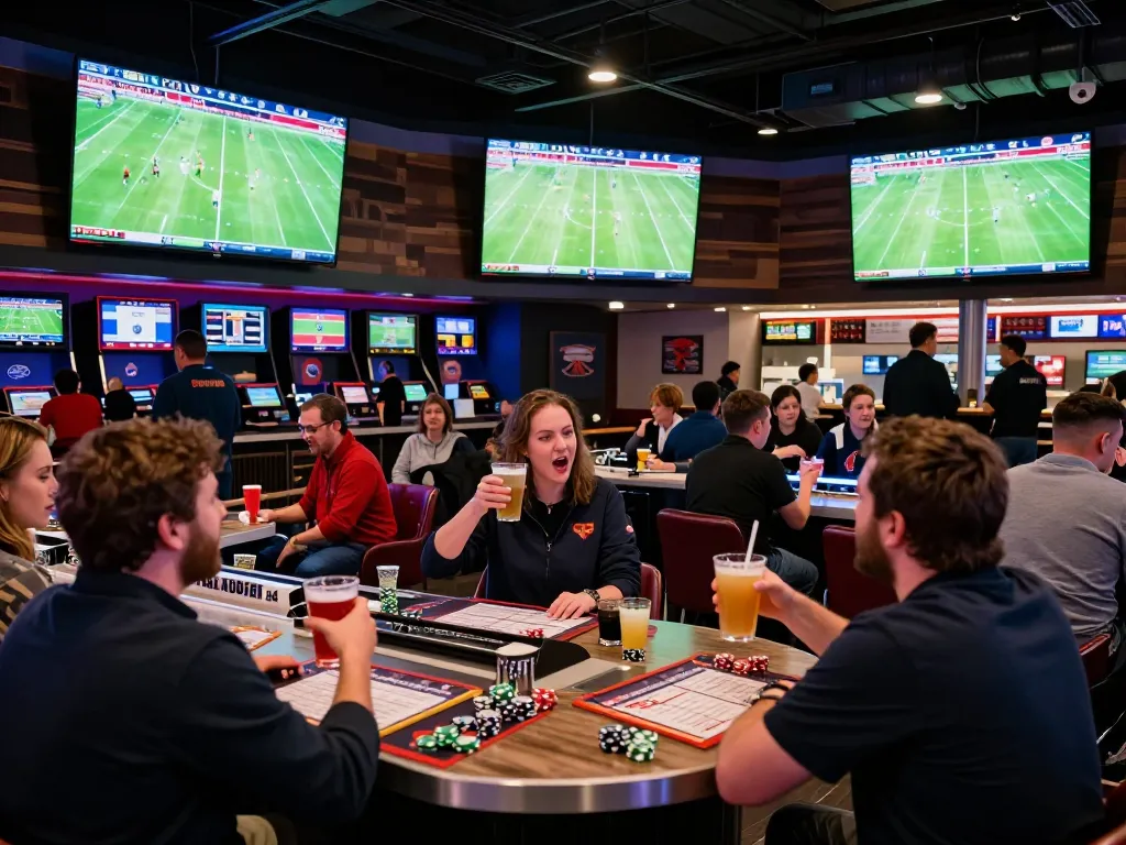 Fans cheering at a sports betting venue, engaging with bongdalu for live match updates.