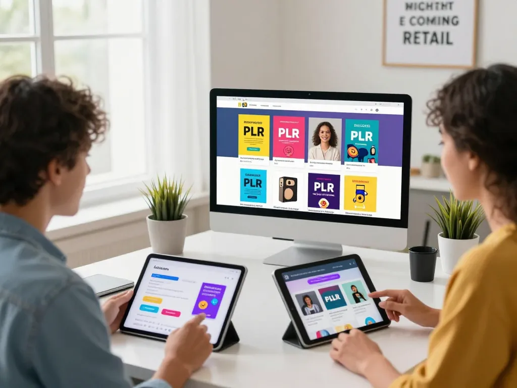 Buy PLR Digital Products engagingly showcased in an energetic online shopping scene.