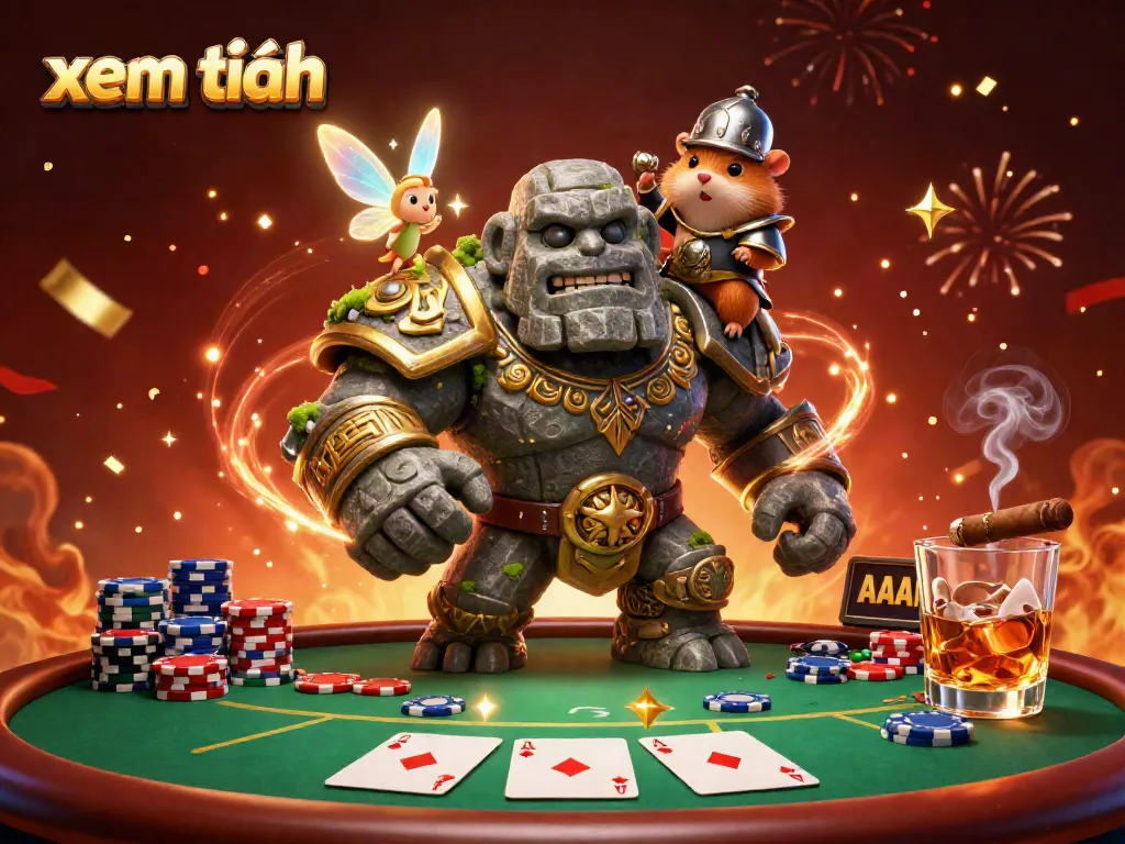 Experience the thrill of gaming with "xem thêm" in this vibrant illustration of a golem guardian, fairy, and hamster knight surrounded by poker elements.