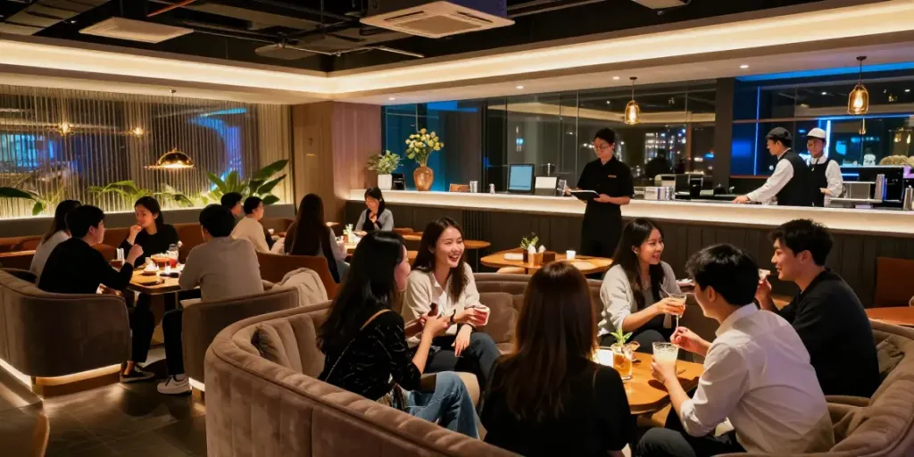 강남타이밍의 고급 유흥 공간을 포착한 이미지, 세련된 인테리어와 편안한 분위기.