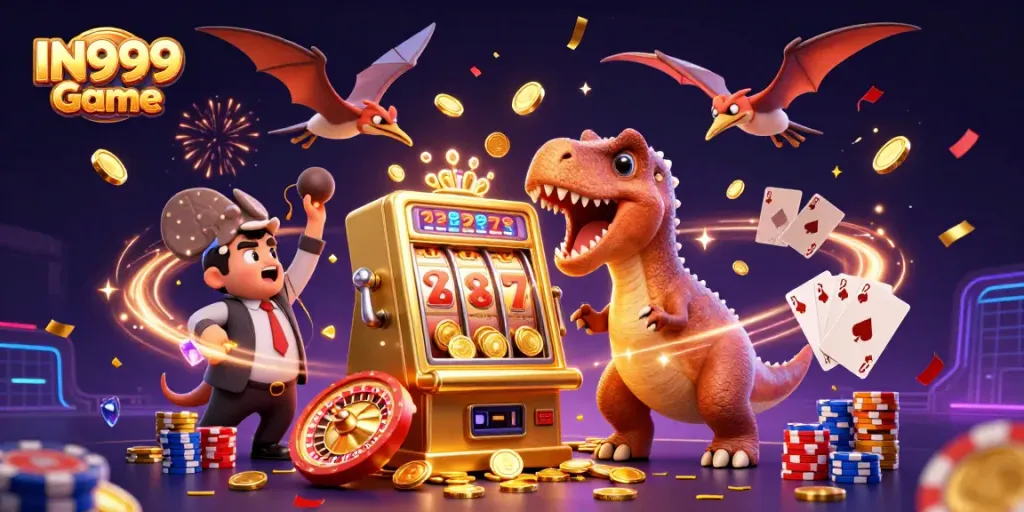 Engage with IN999 Game as a pachycephalosaurus wins jackpot coins amidst a lively casino scene.