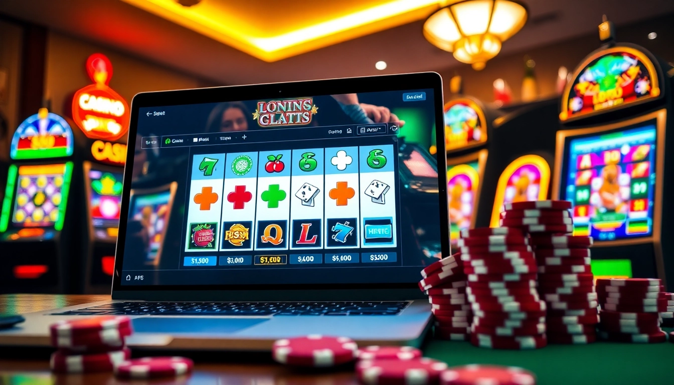 Engaging online slots UK gaming setup featuring a laptop and vibrant casino elements.