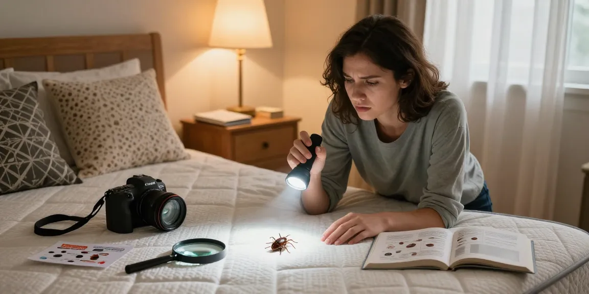 Homeowner inspecting mattress for signs of bed bug removal with flashlight and detection tools in a cozy bedroom.