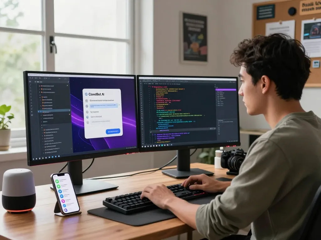 Developer utilizing Clawdbot AI in a modern workspace with smart tech, coding and managing tasks efficiently.