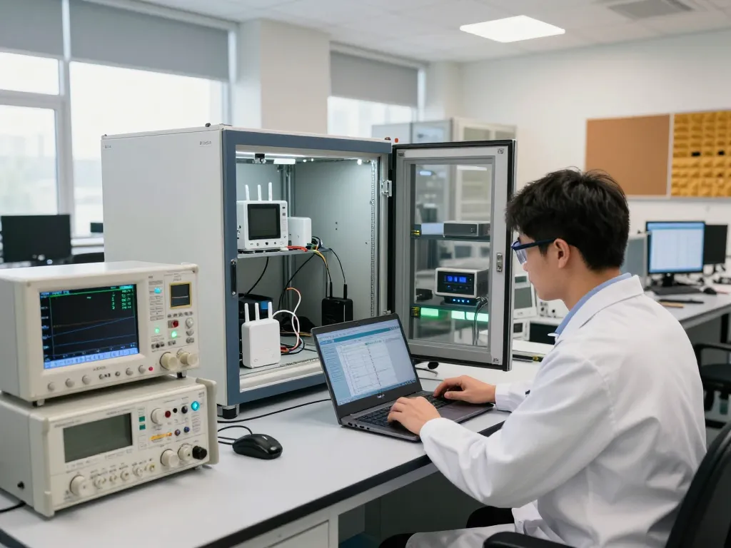 Professional conducting Electromagnetic compatibility Testing in a high-tech lab, analyzing wireless devices with advanced equipment.
