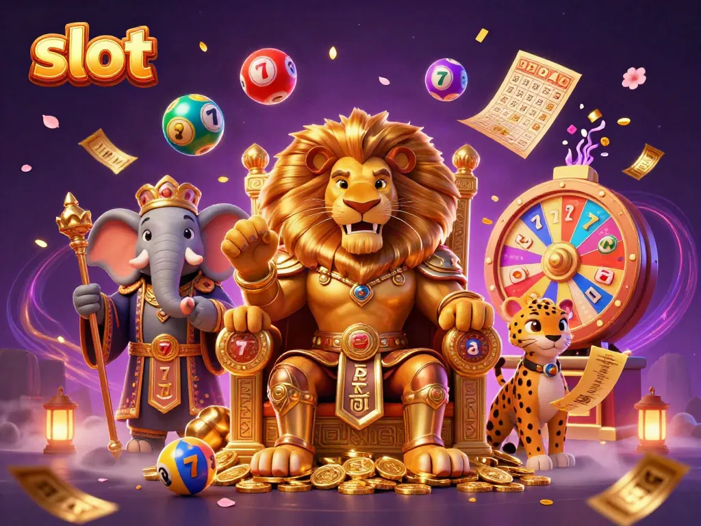 Experience the thrill of slot gaming with a fierce lion king, dynamic elements, and colorful symbols