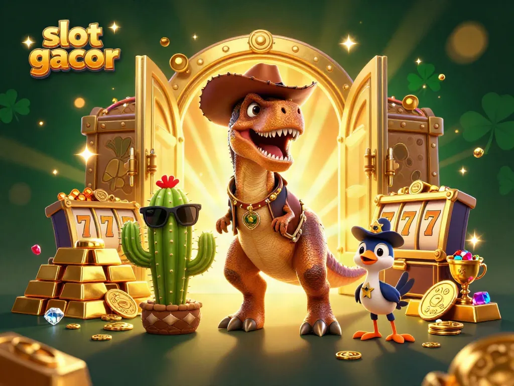 Catch the excitement of slot gacor with 3D cartoon characters amid gold and jewels in this vibrant casino scene.