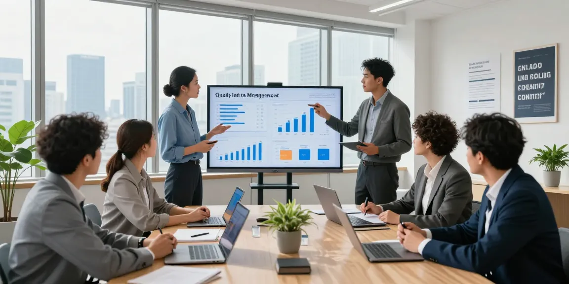 Team collaborating in a quality management strategy meeting, focusing on Fachportal für Qualität im Business with data presentations.