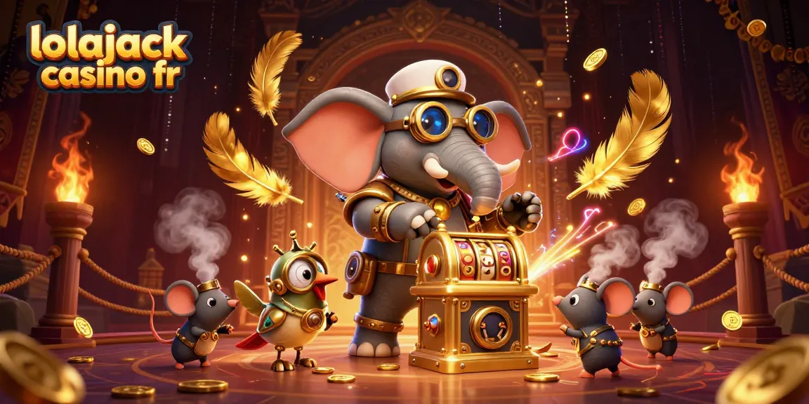 Spin the reels at lolajack casino fr, featuring a vibrant steampunk elephant engineer beside a golden slot machine.