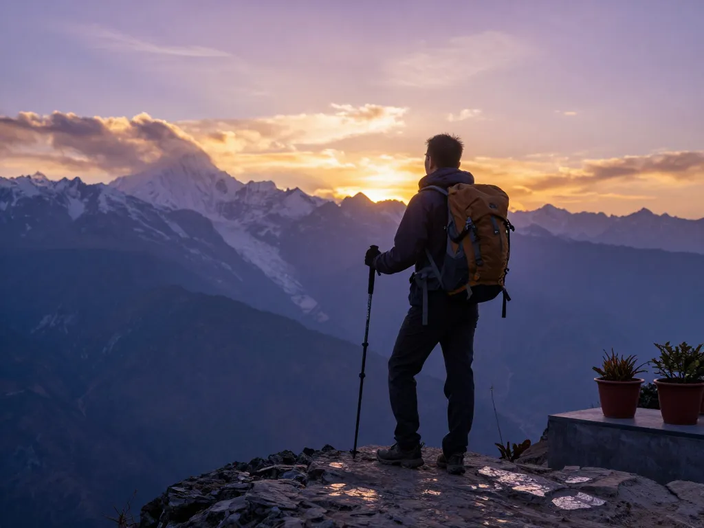 Everest Base Camp Heli Trek traveler at sunset viewing majestic mountains, showcasing adventure gear and breathtaking landscape.