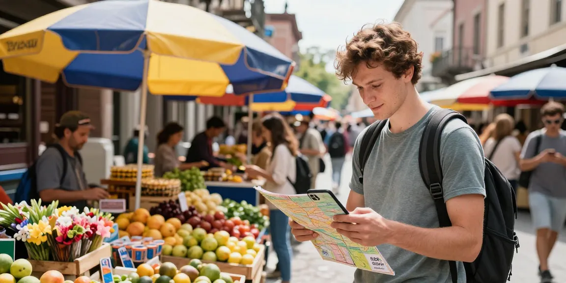 Traveler checking nomad esim coupons in a bustling market while enjoying local culture.