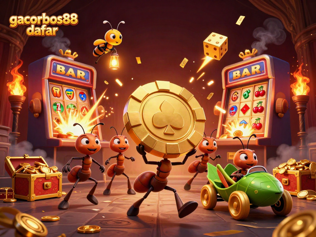 Spin and win with gacorbos88 daftar in a colorful casino heist illustration featuring ants and a grasshopper.