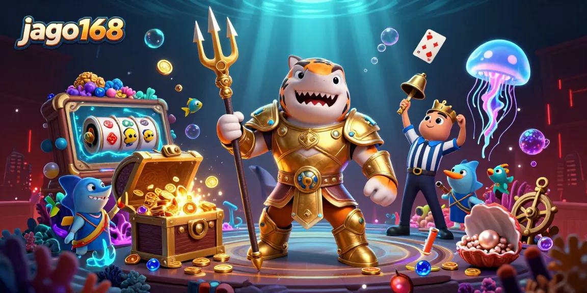Engage in thrilling gameplay with jago168 amidst an underwater casino scene featuring vibrant characters and elements.