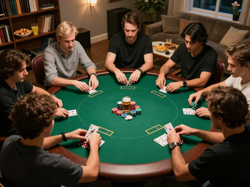 uu88 vip players enjoying a strategic poker game at home, showcasing competitive gameplay and a social atmosphere