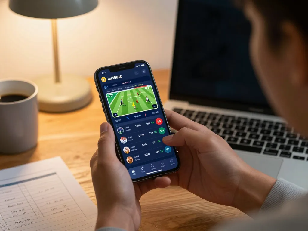 Engaging in live sports betting on JeetBuzz via smartphone with betting odds on screen.