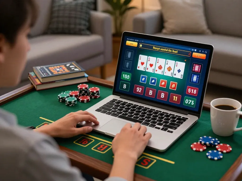Engaging in onbet online casino gaming strategy on a laptop amidst a cozy home setup.