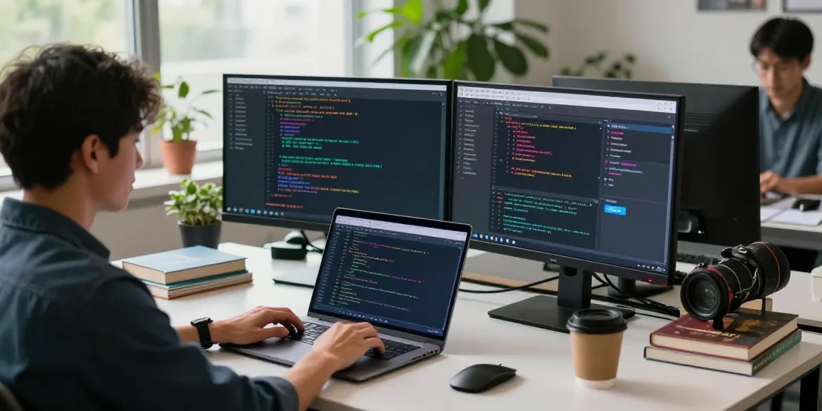 Developer coding on multiple screens while adjusting settings in telegram中文 interface, modern workspace.
