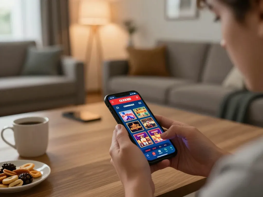 Experience gaming excitement with GOOD88 on a smartphone in a cozy home environment