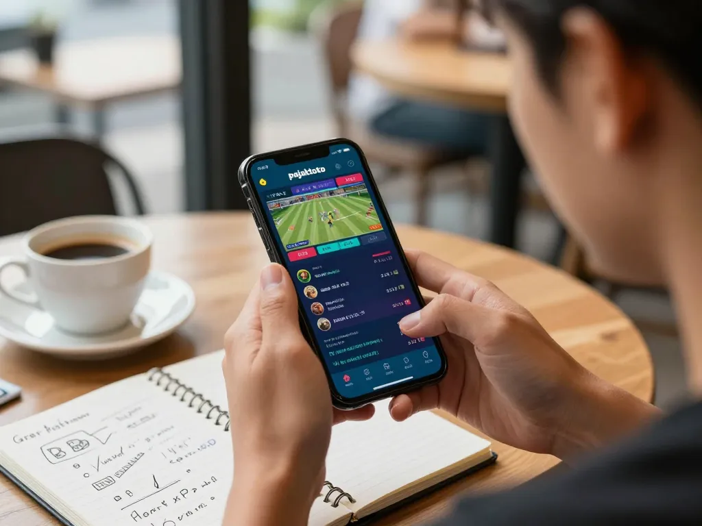 Engaging with the pajaktoto betting app on a smartphone in a lively café, highlighting user excitement.