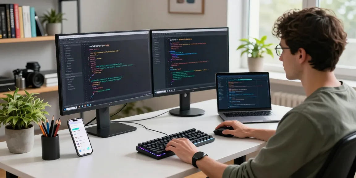 Developer creating features for 纸飞机中文版 in a modern workspace setting with dual monitors and tech gadgets.