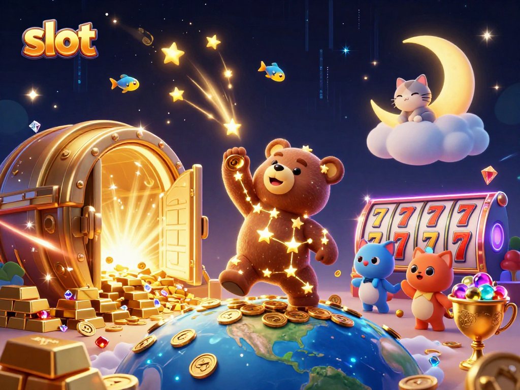 Spin the slot reels surrounded by sparkling treasures and characters of fortune.