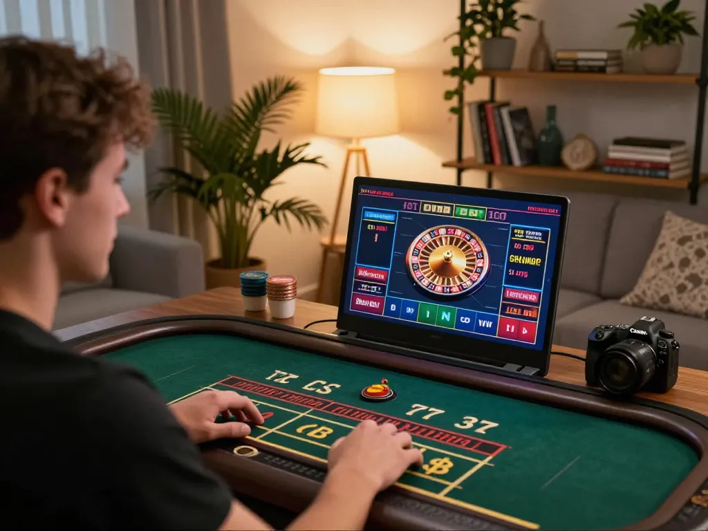 Engaging in online gaming at DH88, enjoying live dealer roulette in a cozy home setting