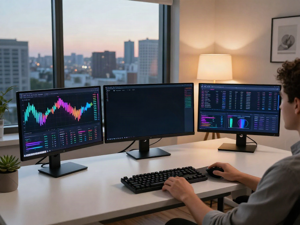 Modern workspace showing live cryptocurrency trading and WebSocket行情接口 integration on multiple screens.