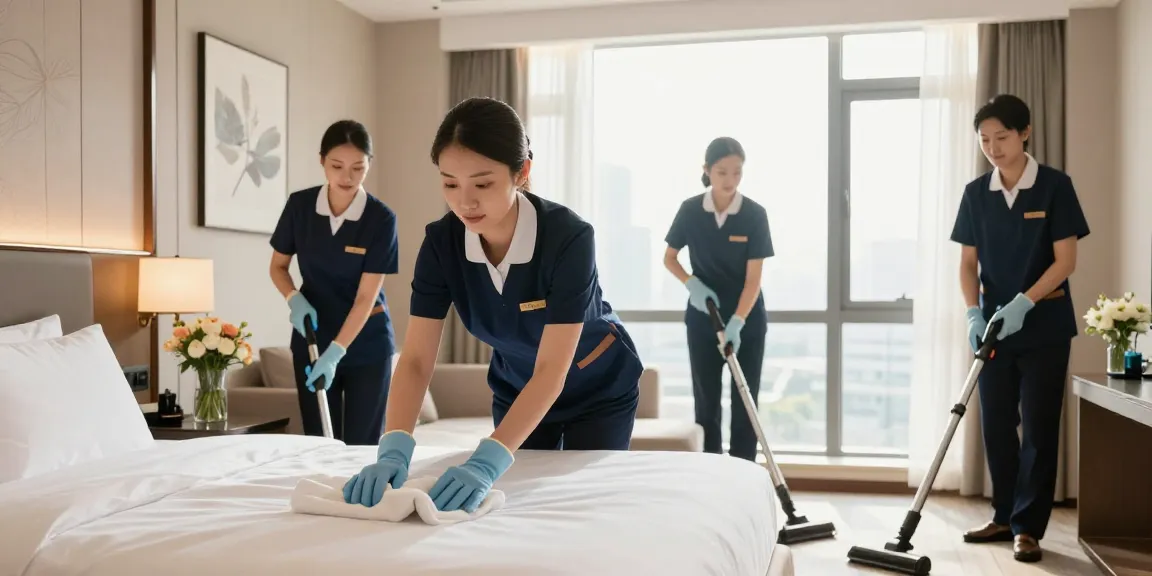 Professionelle Hotelreinigung durch DISE Cleaning in Dortmund, mit geschultem Personal, das ein Gästezimmer gründlich reinigt.