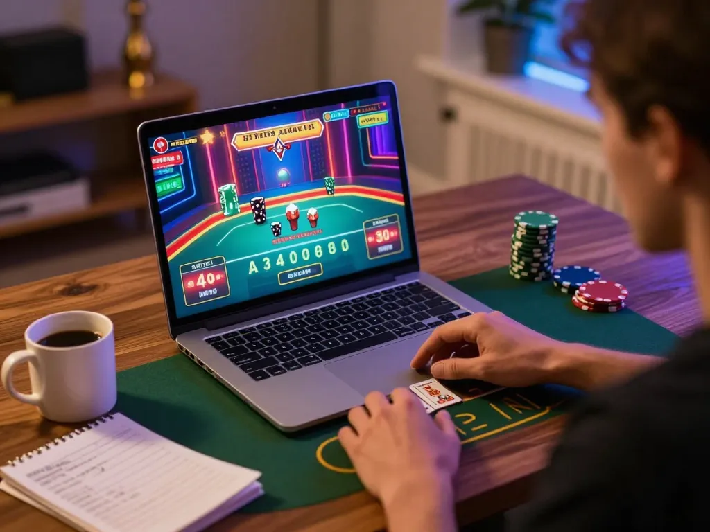 LUCK8 player enjoying live blackjack with vibrant graphics and strategy notes at cozy home setup