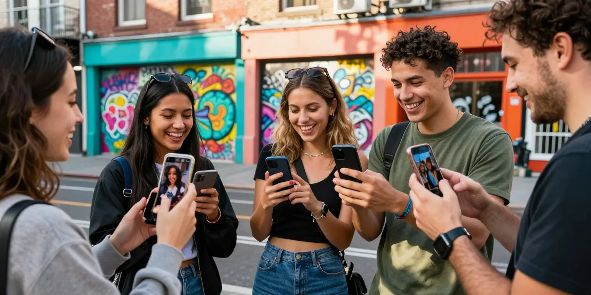 Friends excitedly comparing their look alikes of famous people in a vibrant urban setting.