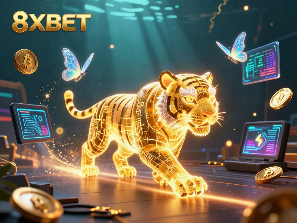 Win big with the 8XBET neon-wireframe golden tiger exploring a digital casino landscape.