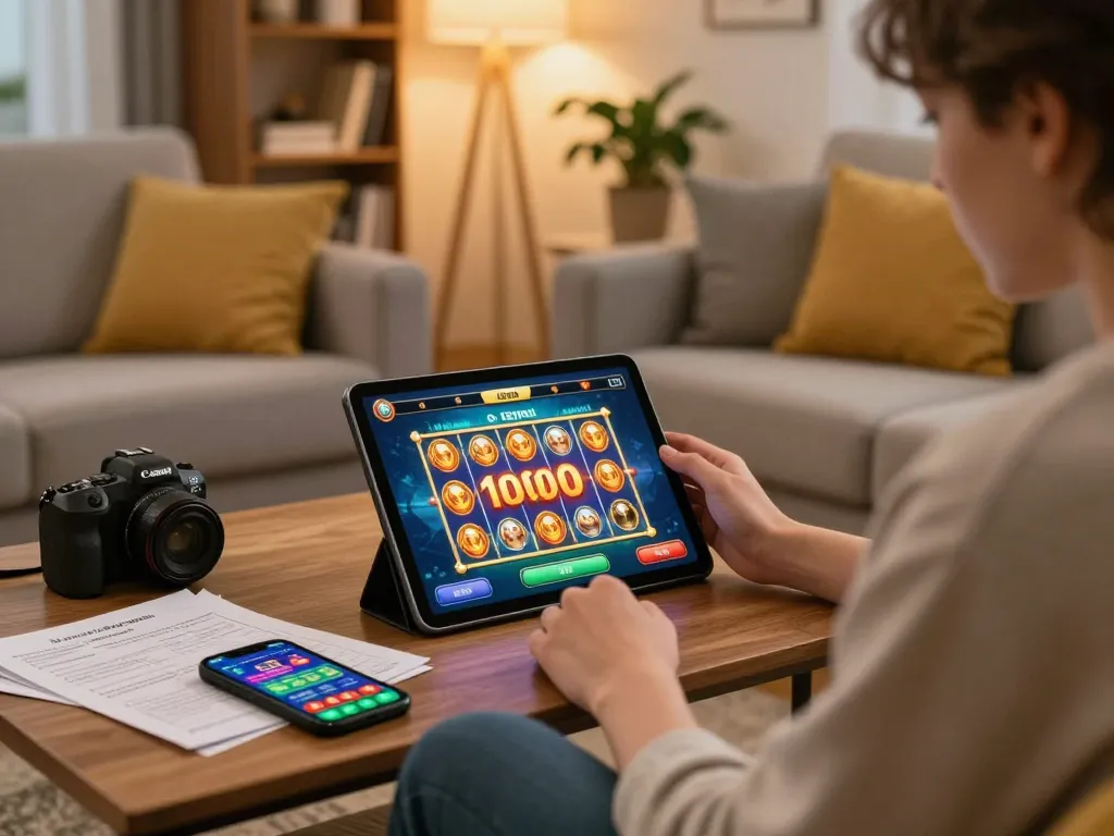 Engaging gameplay on a slot deposit 1000 interface in a cozy home setting, highlighting strategic online gambling.