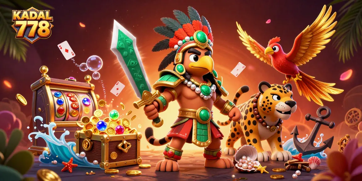KADAL 778 features an engaging scene of Aztec warriors amidst slot machines and treasures for gaming excitement.
