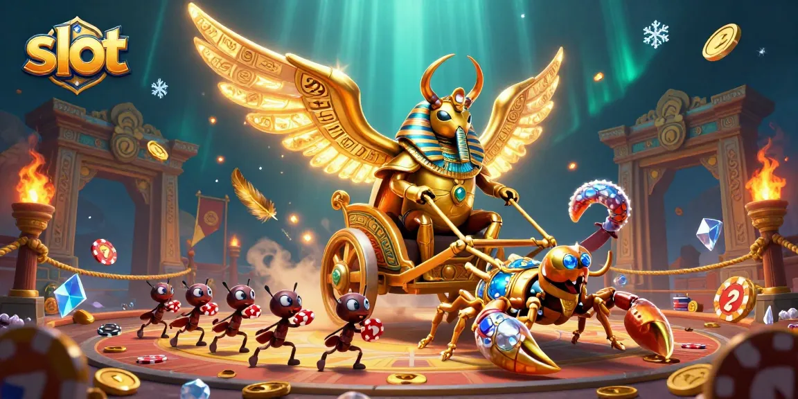 Spin the slot reels with a golden scarab beetle in an exciting casino landscape.